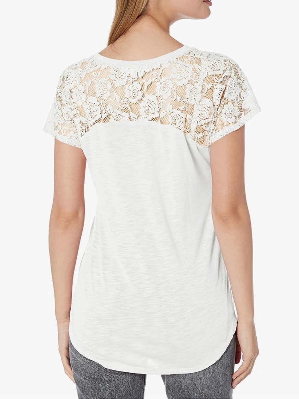 Paper + Tee White Lace Shoulder Short Sleeve Tee